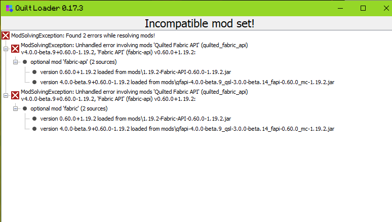 Ошибка minecraft, quilit и fabric