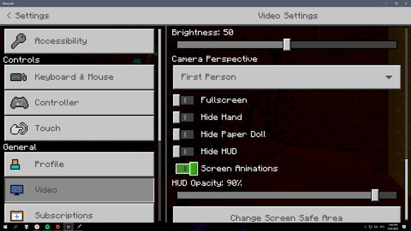 Вид меню в игре Minecraft for Windows 10